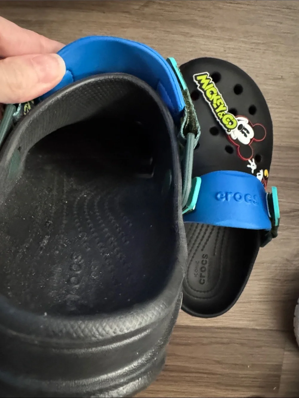 CROCS Adult Sized Black Clogs with Blue Strap and Mickey Mouse
